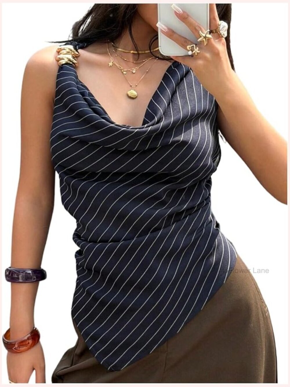 Sleeveless Cowl Neck Blouse Striped Ruched Asymmetrical Dressy Top